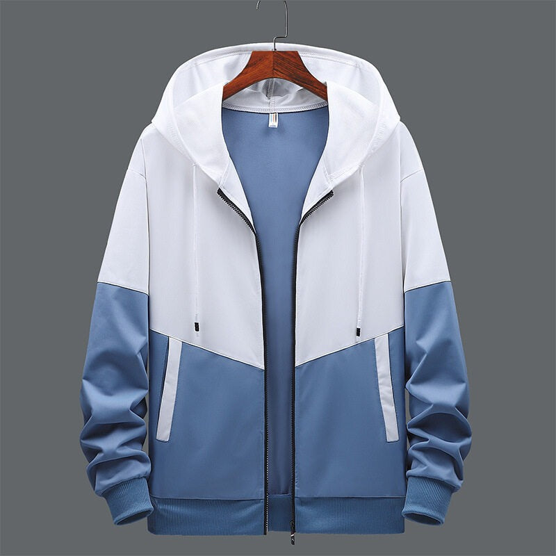 Street-Wave Hooded Zip Sweatshirt For Men With Two-Tone Color Block Design Front Zip Drawstrings