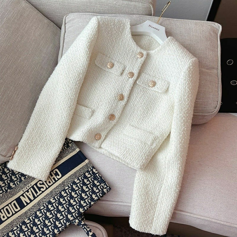 Street-wave Women's Bouclé Jacket Short Coat With Decorative Metallic Buttons, Chic Versatile Wardrobe Essential