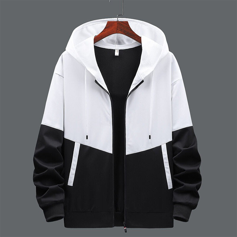 Street-Wave Hooded Zip Sweatshirt For Men With Two-Tone Color Block Design Front Zip Drawstrings