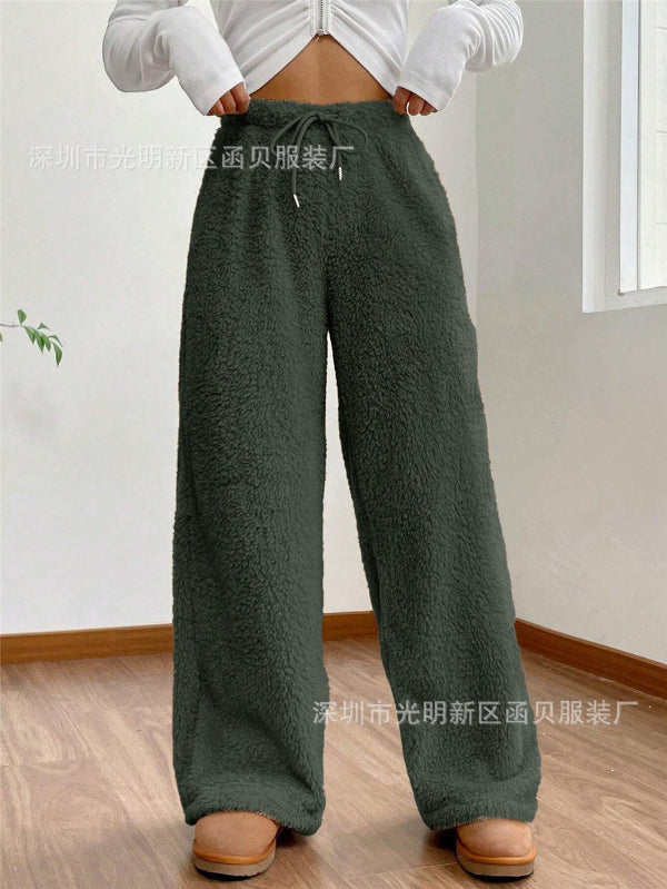 Street-wave Cozy Teddy Lounge Pants For Women With Drawstring High Waist For Warm Comfort