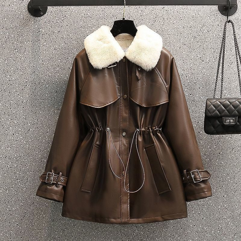 Street Wave Tailored Faux Leather Coat With Detachable Fur Collar For Women Warm Chic Outerwear