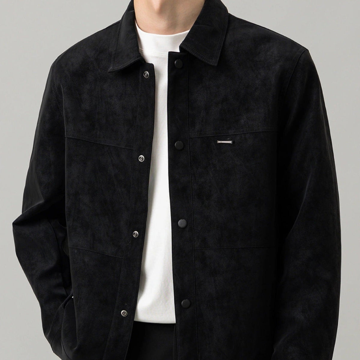 Street-Wave Faux Suede Jacket For Men Elegant Versatile Snap Closure Coat With Subtle Character