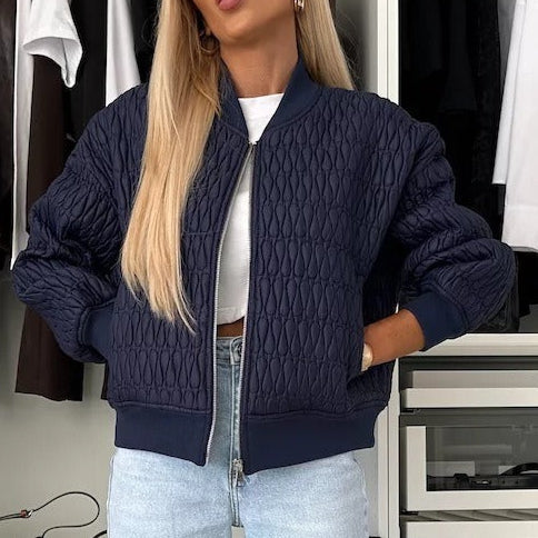 Street-wave Cropped Quilted Jacket For Women With Zip, Ribbed Cuffs, Casual Look