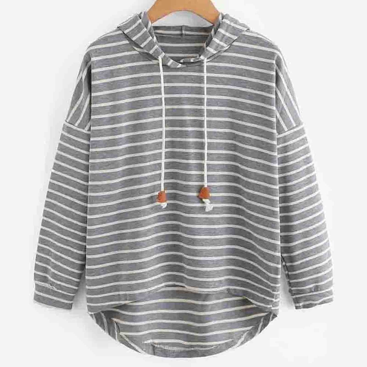 Street-Wave Striped Jersey Knit Hoodie Sweatshirt With Drawstring Hood Cozy For Women