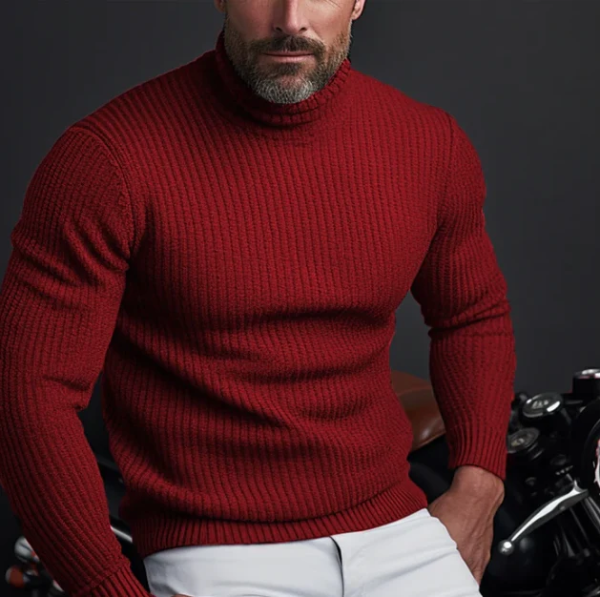 Men's Slim Fit Turtleneck Sweater in Ribbed Wool Knit, Long Sleeve Classic Style By Street-Wave