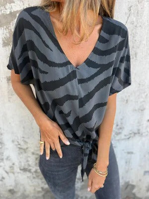 Street Wave Women's Blouse Relaxed Fit V Neck Tie Front Short Sleeve Casual