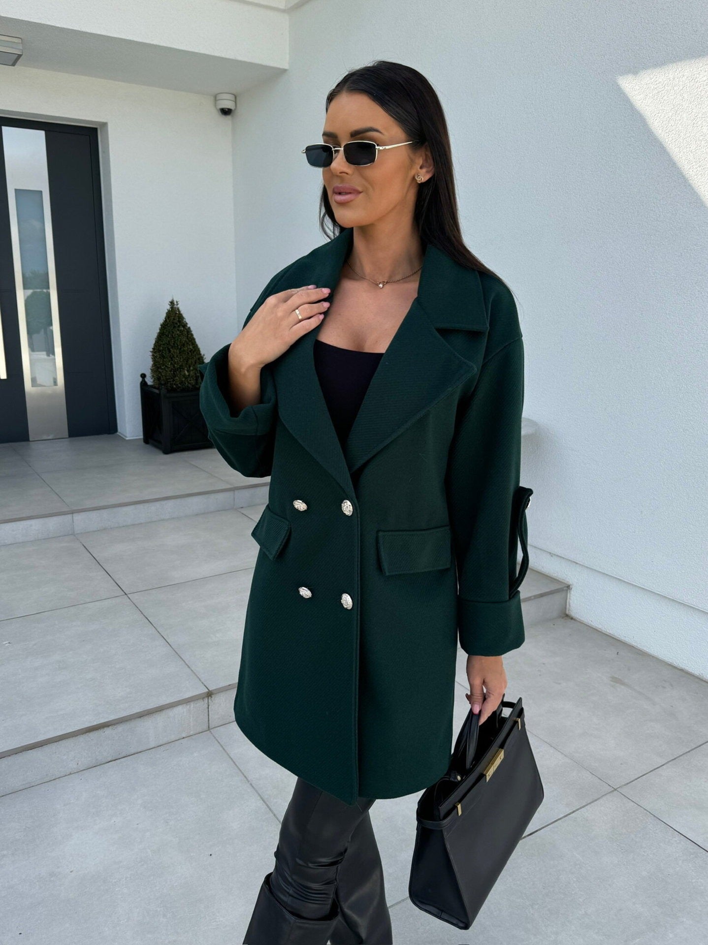 Street-Wave Wool Coat With H-Line Fit, Double-Breasted Blazer Collar, Knee-Length For Chic Modern Women