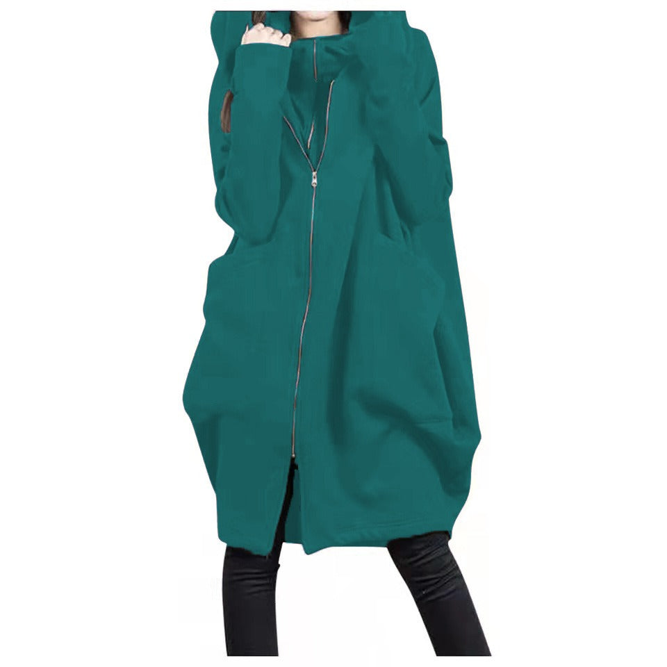 Street Wave Mid Length Coat With Hood And Zip Oversized Fit Soft Wool Look For Plus Size Women