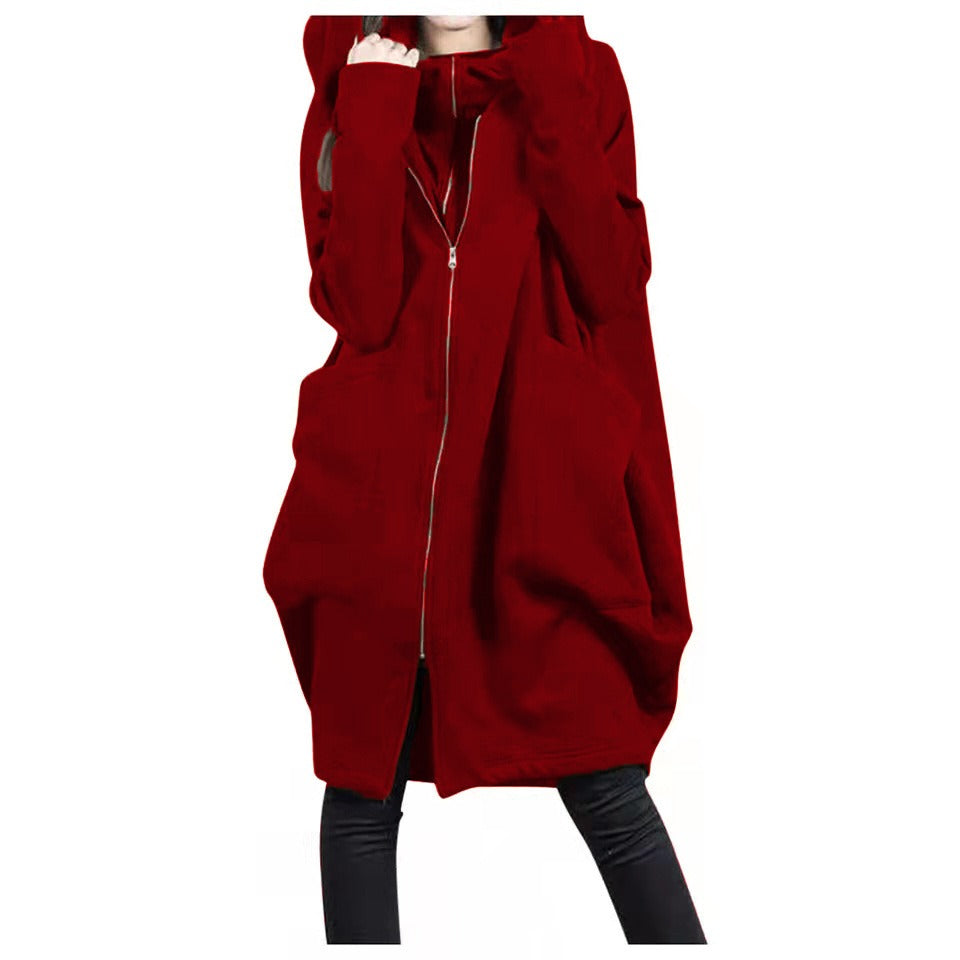 Street Wave Mid Length Coat With Hood And Zip Oversized Fit Soft Wool Look For Plus Size Women