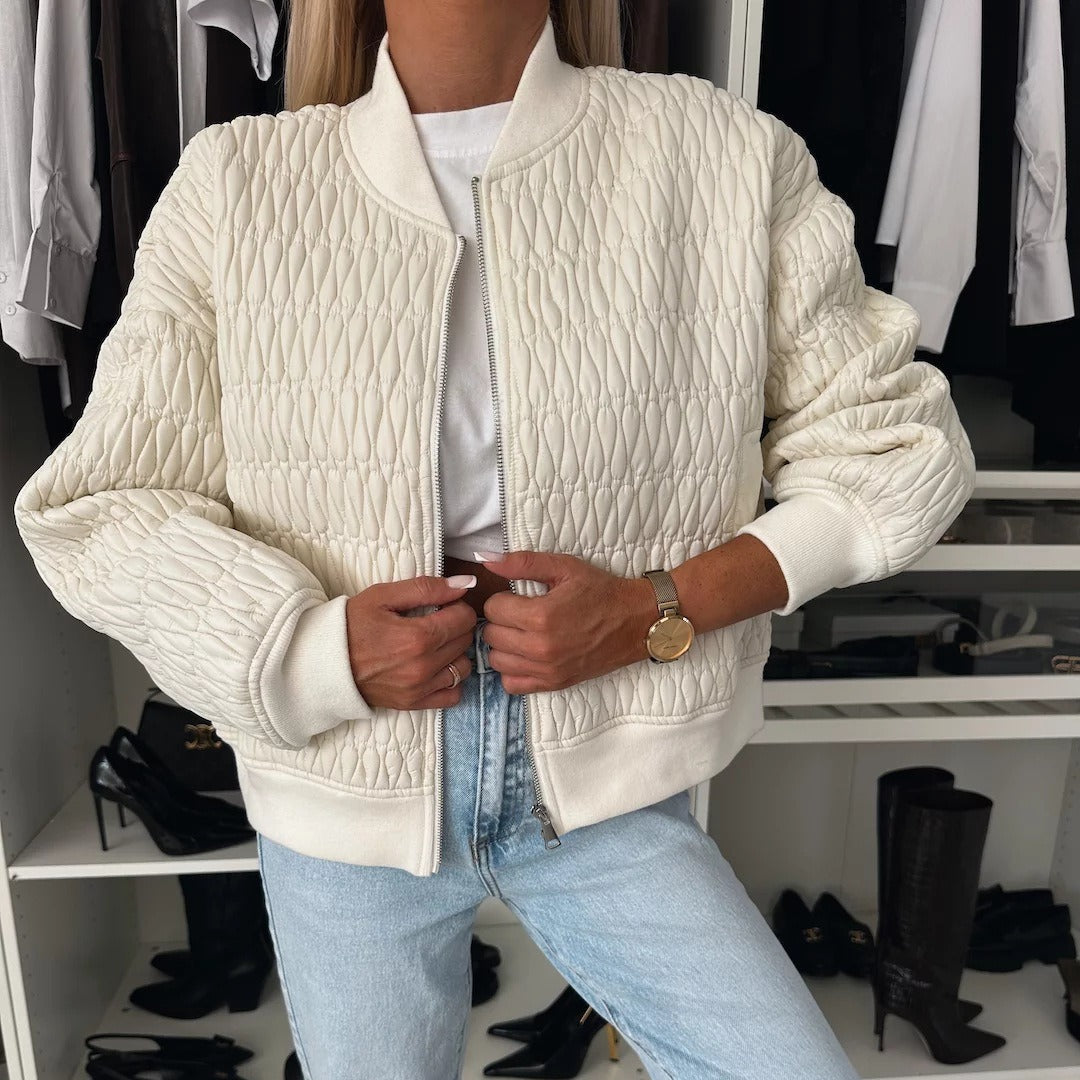 Street-wave Cropped Quilted Jacket For Women With Zip, Ribbed Cuffs, Casual Look