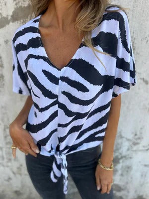 Street Wave Women's Blouse Relaxed Fit V Neck Tie Front Short Sleeve Casual