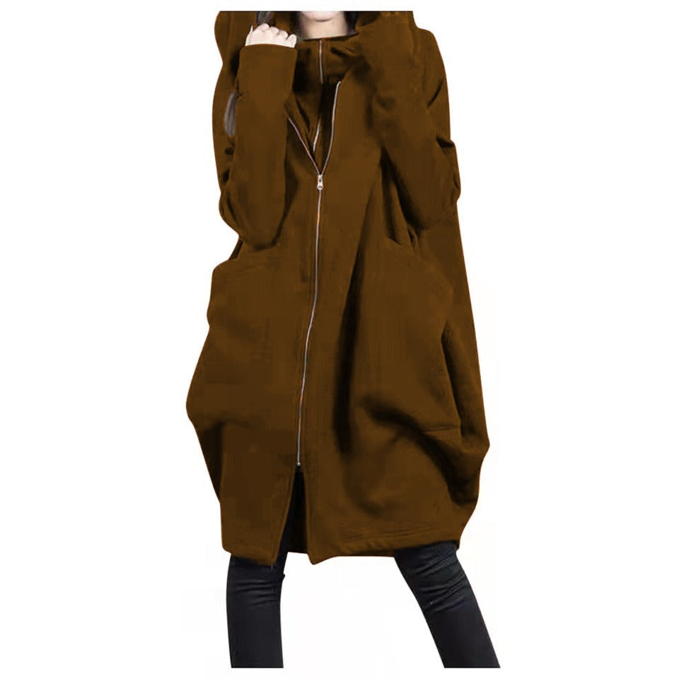 Street Wave Mid Length Coat With Hood And Zip Oversized Fit Soft Wool Look For Plus Size Women