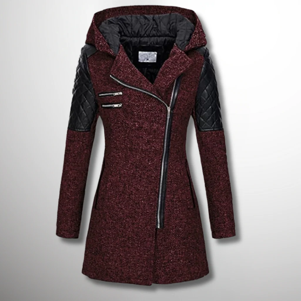 Street-wave Hooded Tweed Jacket For Women With Quilted Sleeves And Asymmetrical Zip