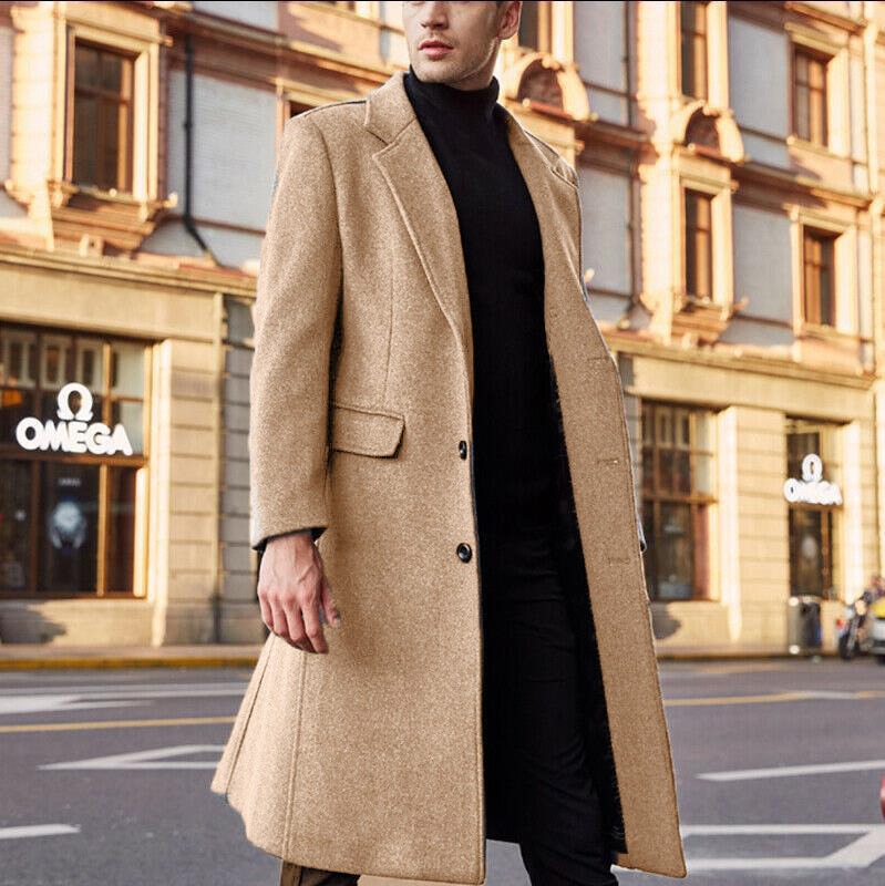 Mens Trench Coat Tailored Fit Wool Blend Long Cut With Wide Lapel And Hidden Buttons Nordisk Flair