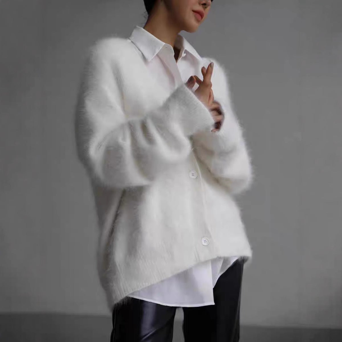 Womens Fuzzy Knit Cardigan Street-Wave Oversized V Neck Button Front