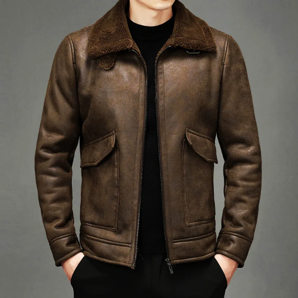 Street-Wave Men's Leather Jacket With Shearling Collar Zip Front Vintage Style Regular Fit Classic
