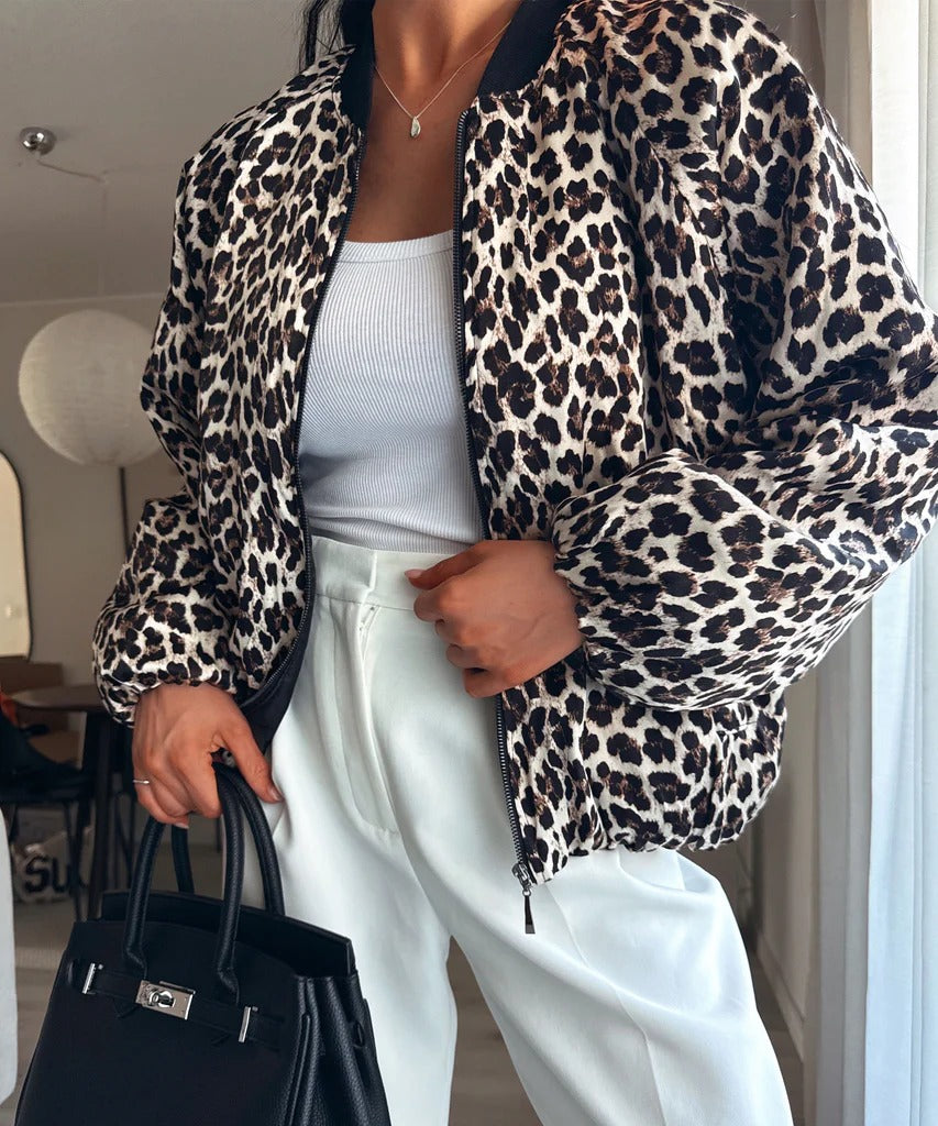 Street Wave Leopard Print Viscose Jacket For Women Versatile Chic Bomber With Lightweight Comfort