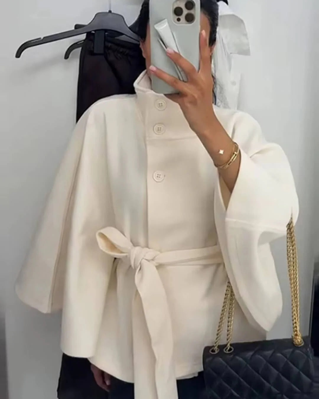 Street-wave Cape Jacket With Belt Tie Tailored Fit High Collar Button Closure Elegant Womens Coat