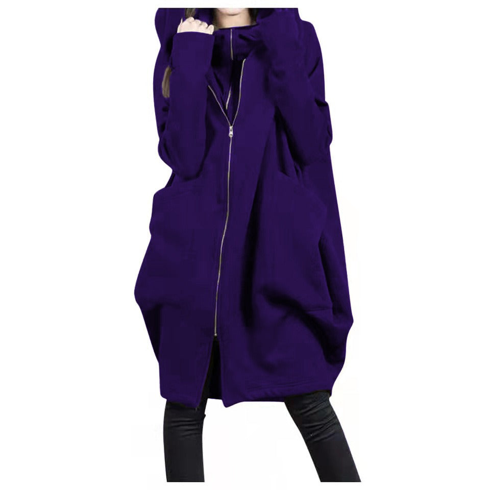 Street Wave Mid Length Coat With Hood And Zip Oversized Fit Soft Wool Look For Plus Size Women