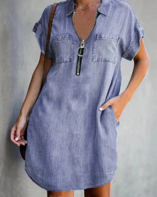Street-Wave Women Denim Dress Relaxed Fit With Zipper And Pockets