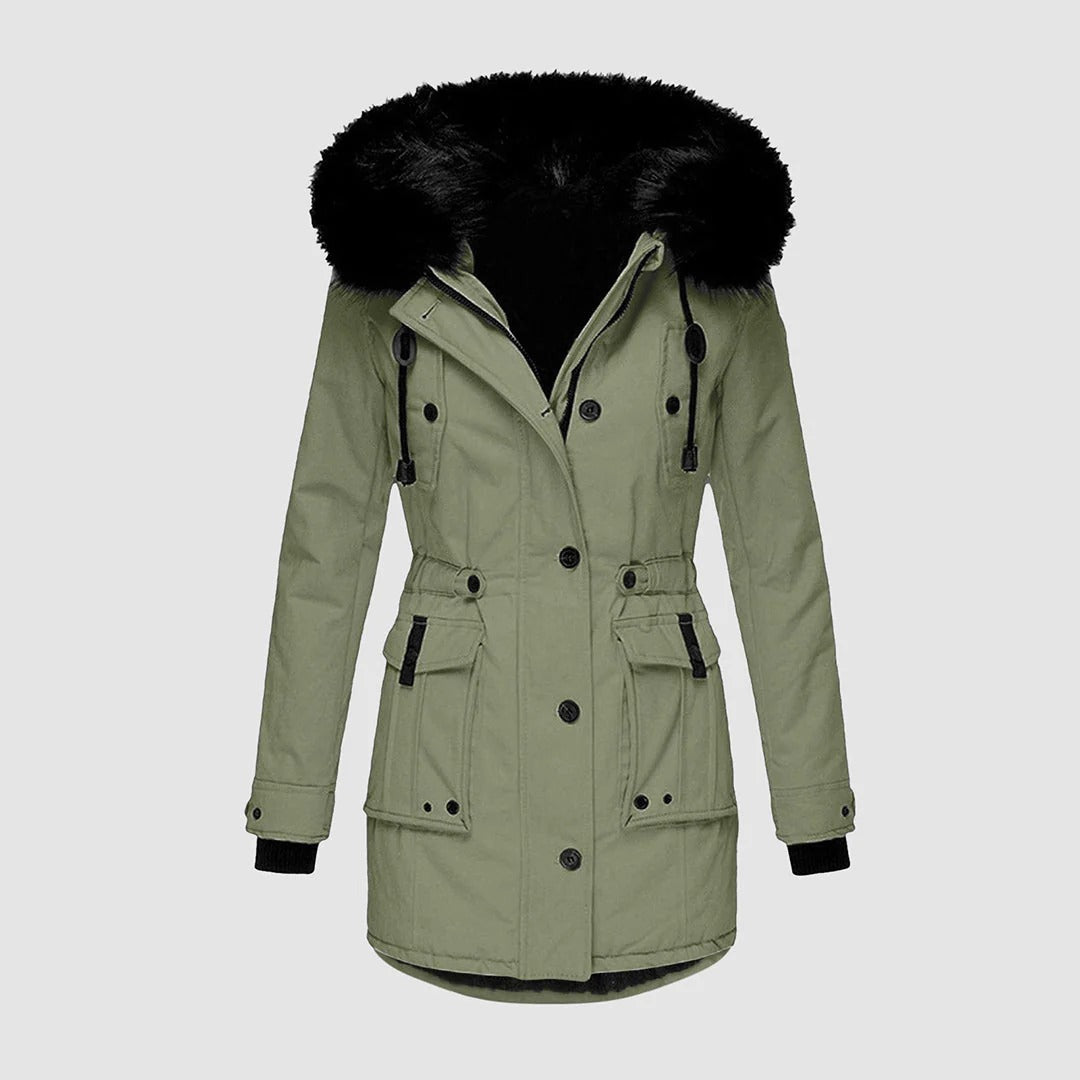 Street-Wave Womens Long Coat With Faux Fur Hood Stylish Tailored Belt