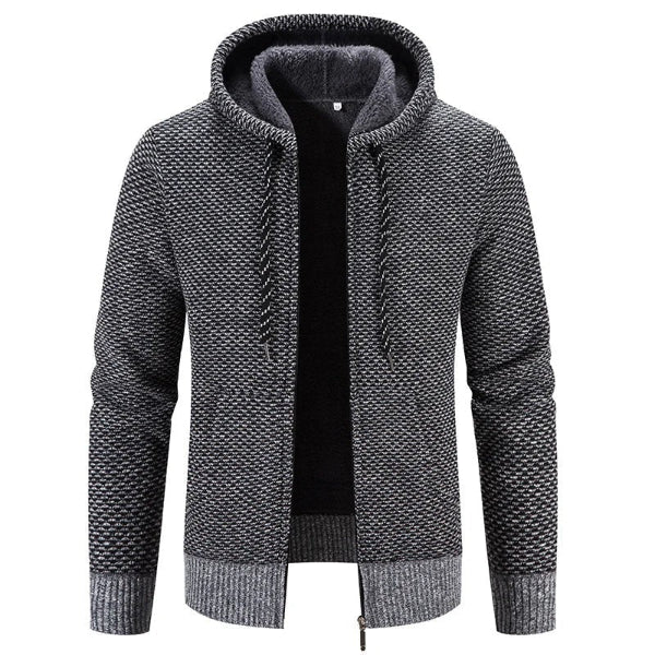 Street-Wave Men's Hooded Cardigan With Plush Lining Knit Texture