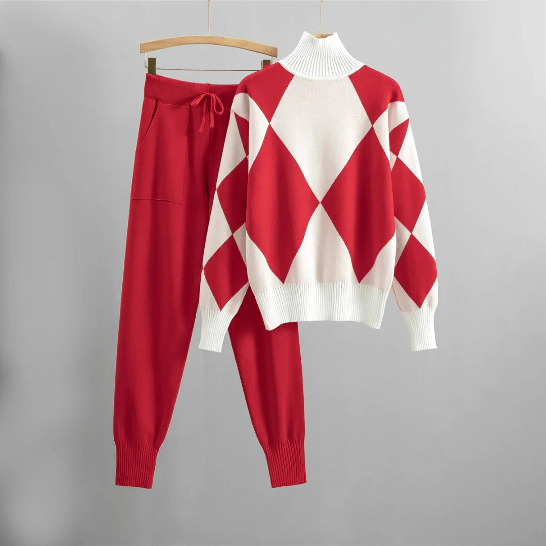 Street Wave Women Argyle Knit Sweater Set With Turtleneck And Casual Cozy Warm Pants