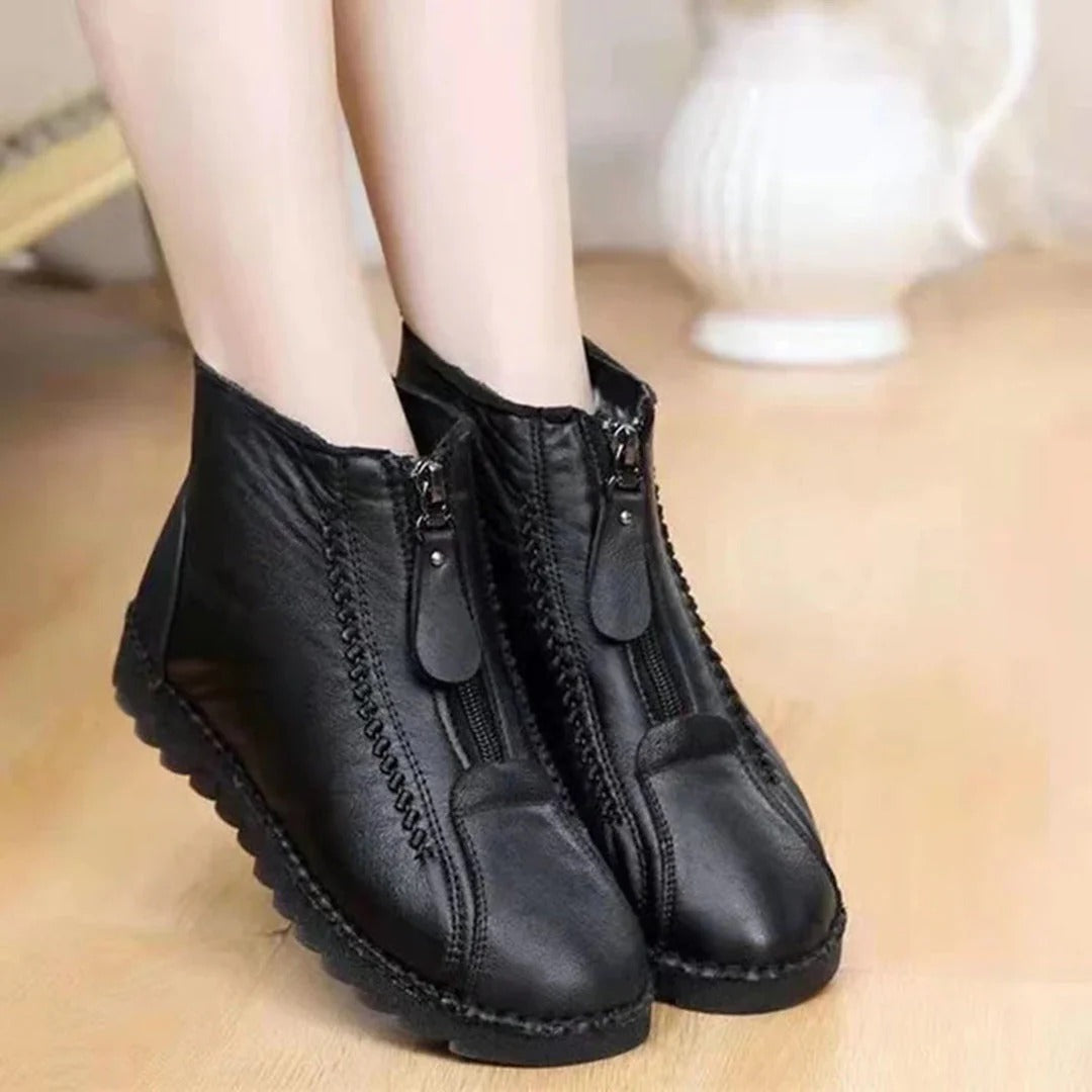Street-Wave Leather-Look Ankle Boots With Front Zip And Chunky Sole For All Day Comfort For Women