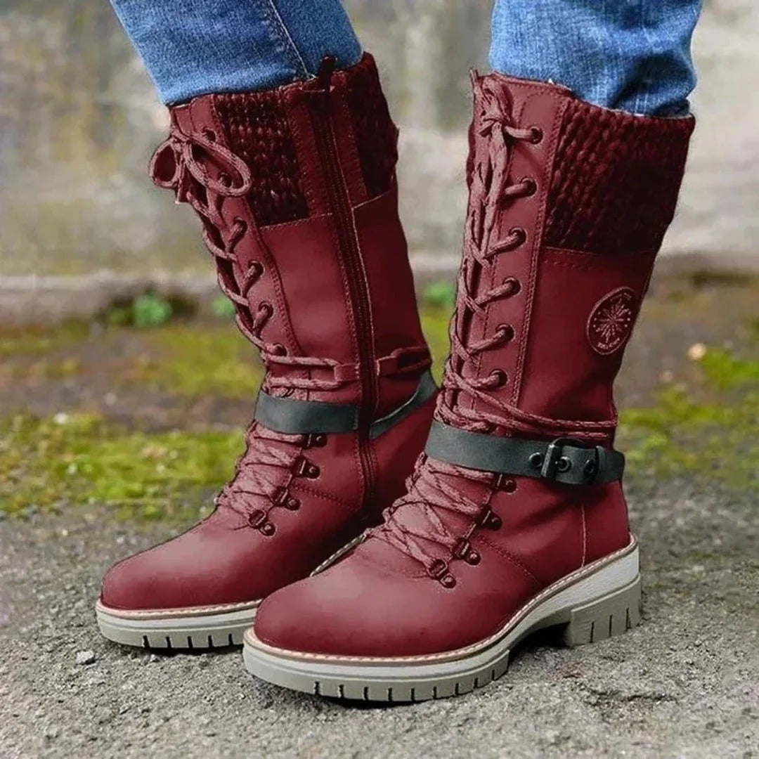 Street-Wave Wool Knit Knee High Boots With Lace Up Side Zip Buckle Straps For Women Winter Ready