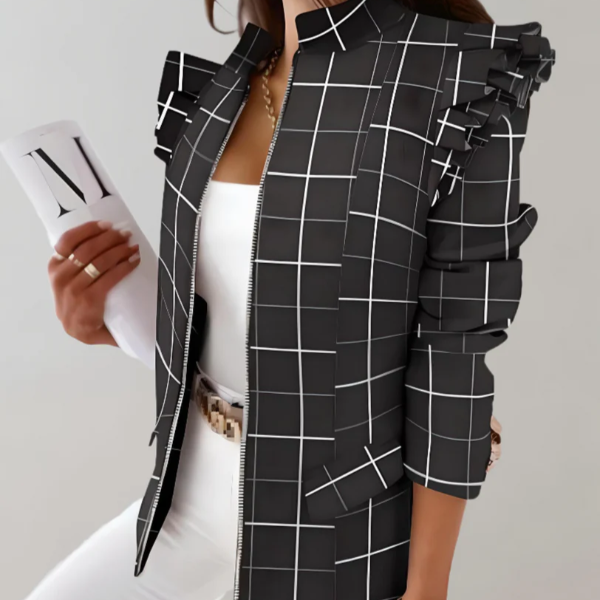 Womens Jacket Street Wave Tailored Plaid Ruffle Shoulder Hip Length