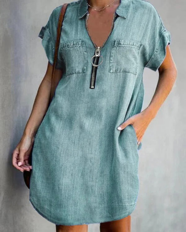 Street-Wave Women Denim Dress Relaxed Fit With Zipper And Pockets