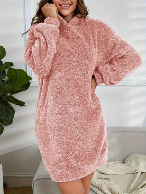 Street Wave Plush Teddy Hoodie Dress For Women Ultra Cozy PlusSize Fleece Mini Lounge Wear