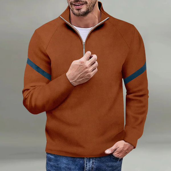 Men's Wool Blend Pullover Sweater With Quarter Zip And Striped Raglan Sleeves Relaxed Fit