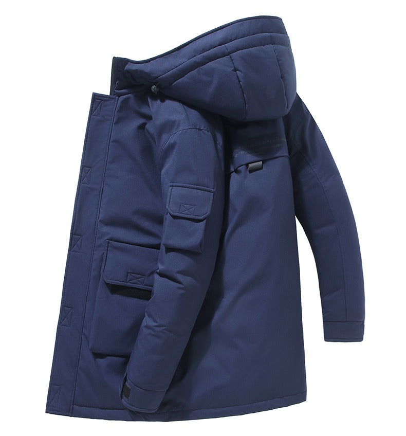 Mens Mid Length Hooded Jacket With Padded Silhouette Patch Pockets And Adjustable Cuffs