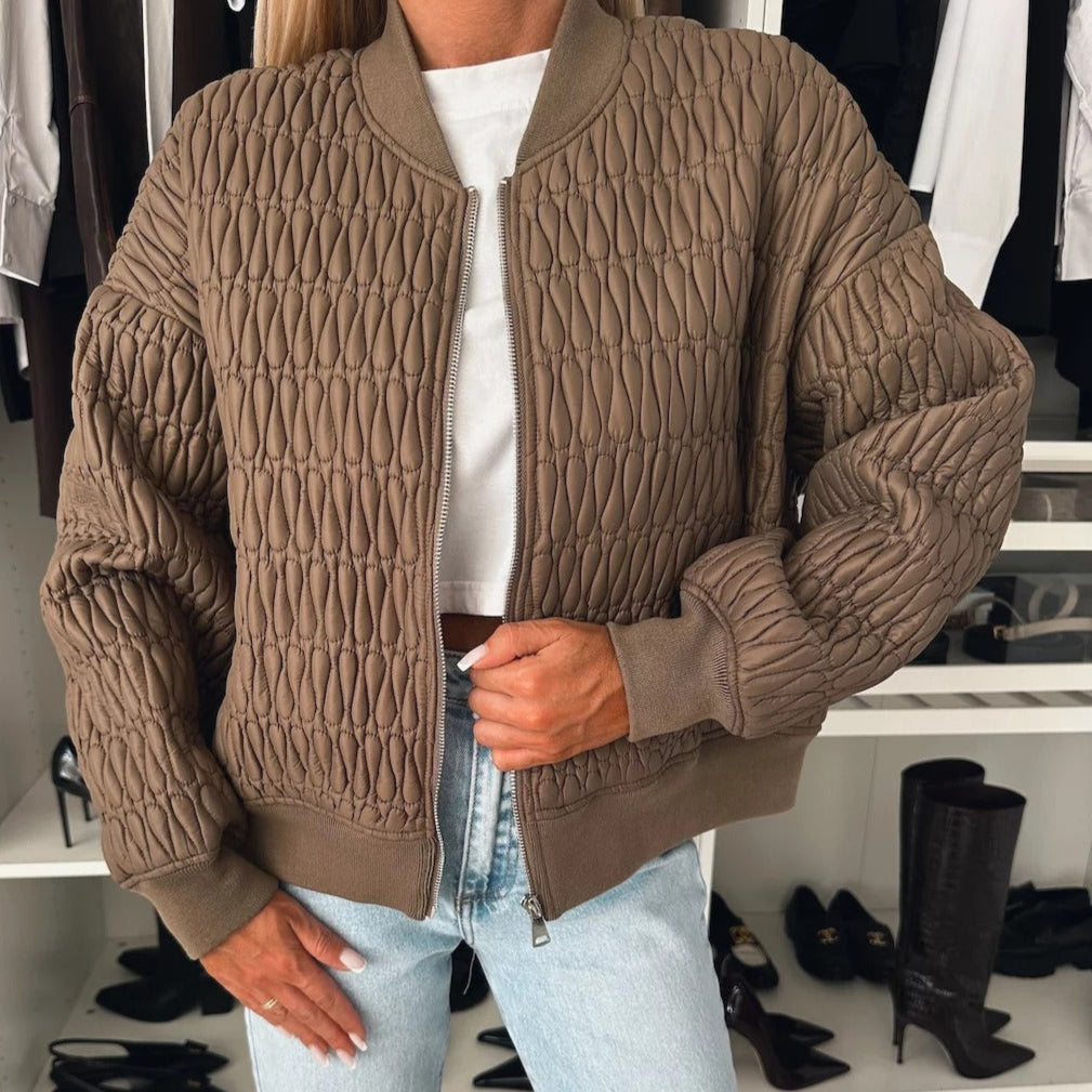 Street-wave Cropped Quilted Jacket For Women With Zip, Ribbed Cuffs, Casual Look