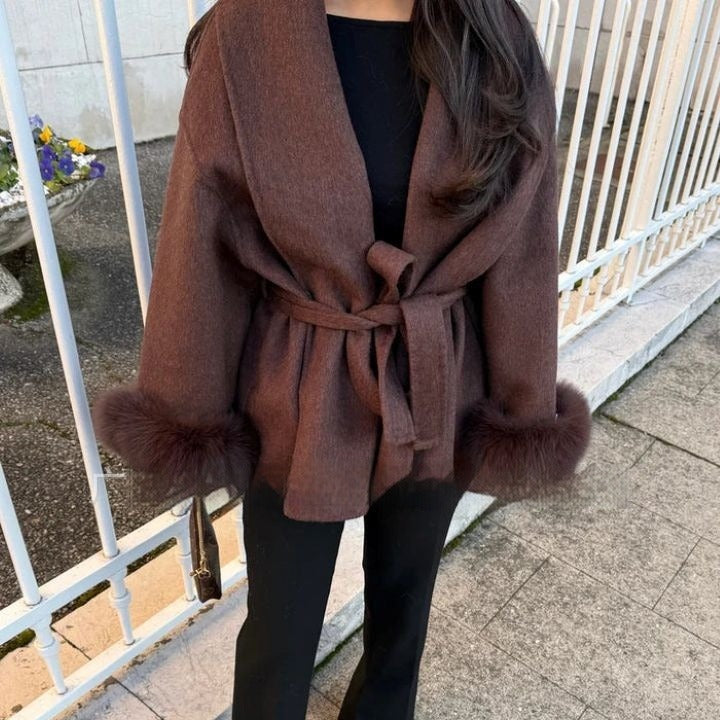 Street-Wave Women's Wool Coat With Wide Kimono Sleeves And Teddy Fur Cuffs For Chic Modern Women