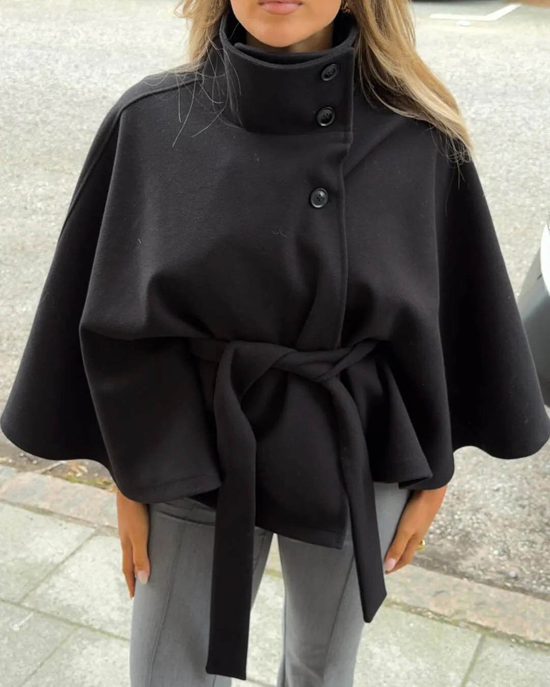 Street-wave Cape Jacket With Belt Tie Tailored Fit High Collar Button Closure Elegant Womens Coat