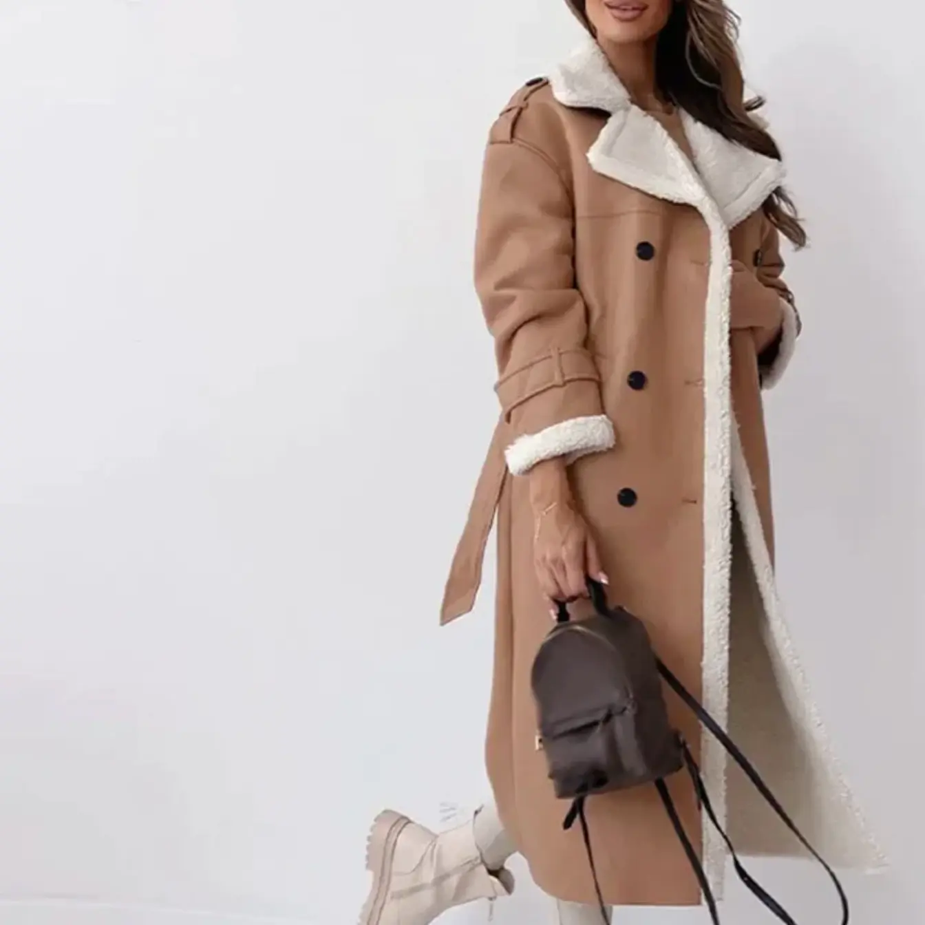 Street-wave Shearling Lined Trench Coat For Women Warm Luxury Double Breasted Winter Ready