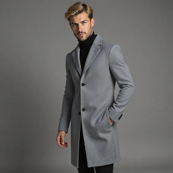 Street-Wave Wool Blend Long Coat For Men Tailored Fit Warm Formal Outerwear