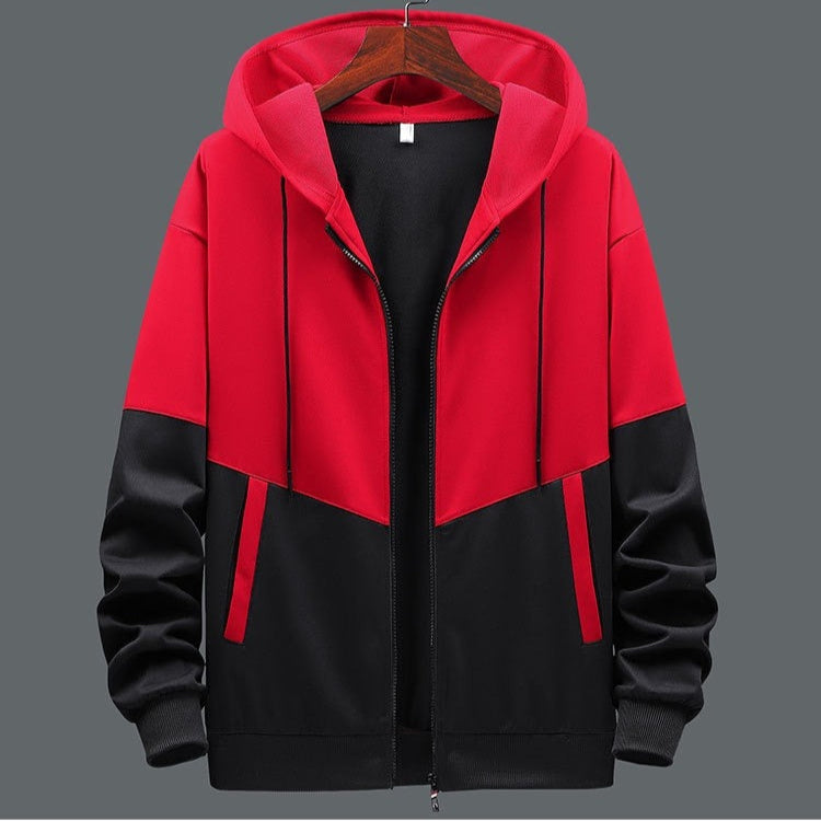 Street-Wave Hooded Zip Sweatshirt For Men With Two-Tone Color Block Design Front Zip Drawstrings