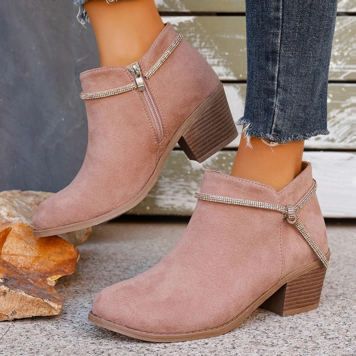Street-Wave Suede Ankle Boots With Block Heel Zipper Adjustable Strap For Women Everywhere Versatile