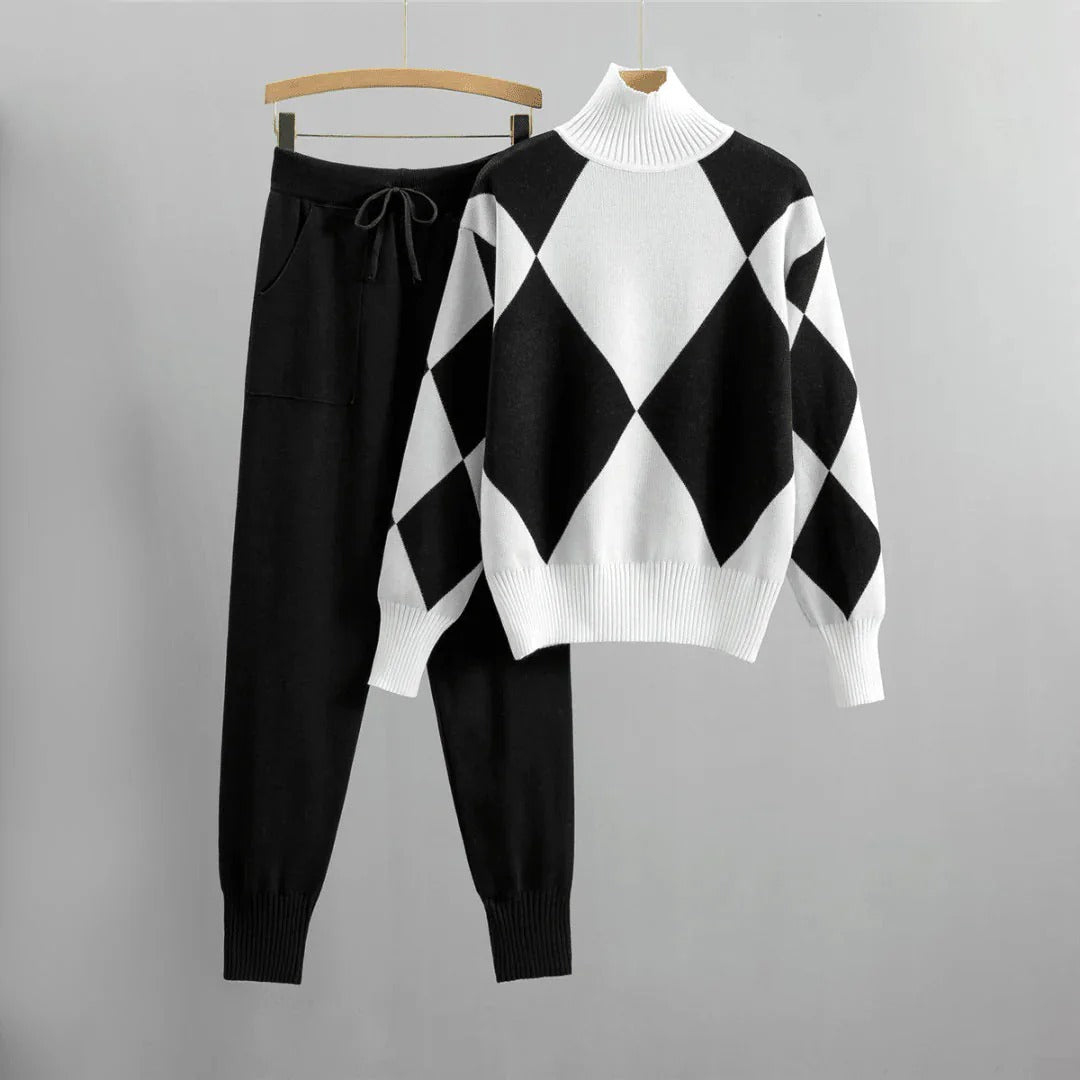Street Wave Women Argyle Knit Sweater Set With Turtleneck And Casual Cozy Warm Pants