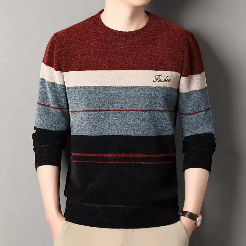 Street-Wave Nordisk Flair Wool Blend Mens Pullover Sweater Striped Crew Neck