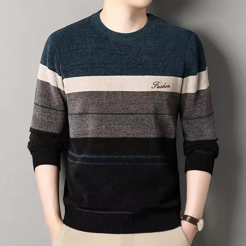 Street-Wave Nordisk Flair Wool Blend Mens Pullover Sweater Striped Crew Neck
