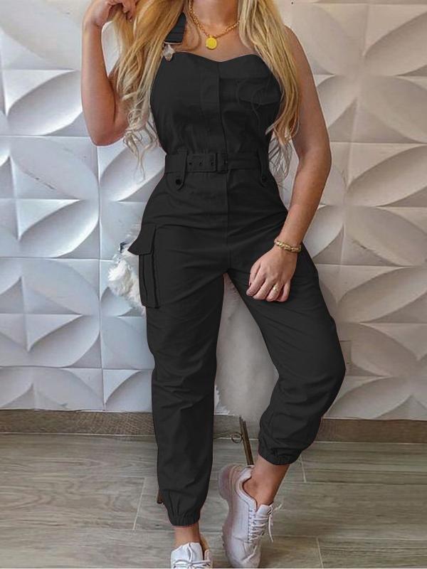 Street-Wave Womens Utility Jumpsuit With Belted Waist Sleeveless Cargo Design All Day Comfort