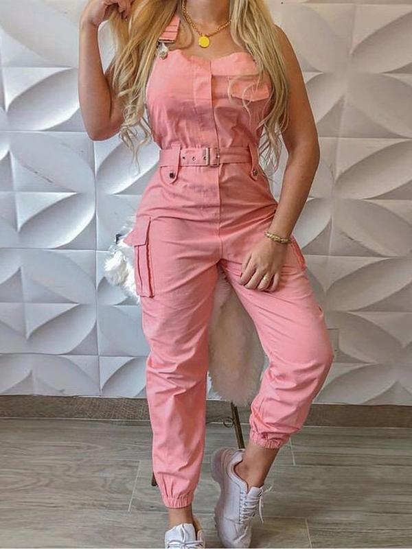 Street-Wave Womens Utility Jumpsuit With Belted Waist Sleeveless Cargo Design All Day Comfort