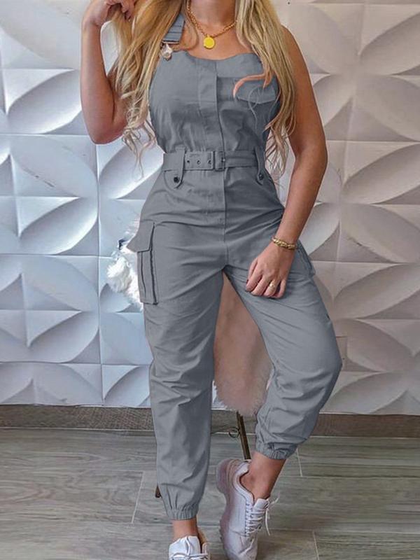 Street-Wave Womens Utility Jumpsuit With Belted Waist Sleeveless Cargo Design All Day Comfort