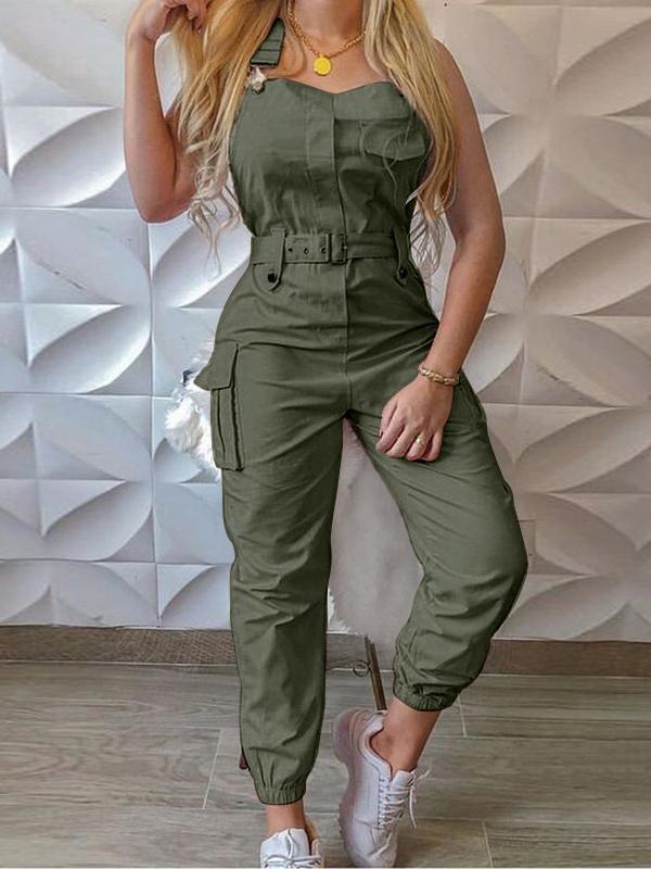 Street-Wave Womens Utility Jumpsuit With Belted Waist Sleeveless Cargo Design All Day Comfort