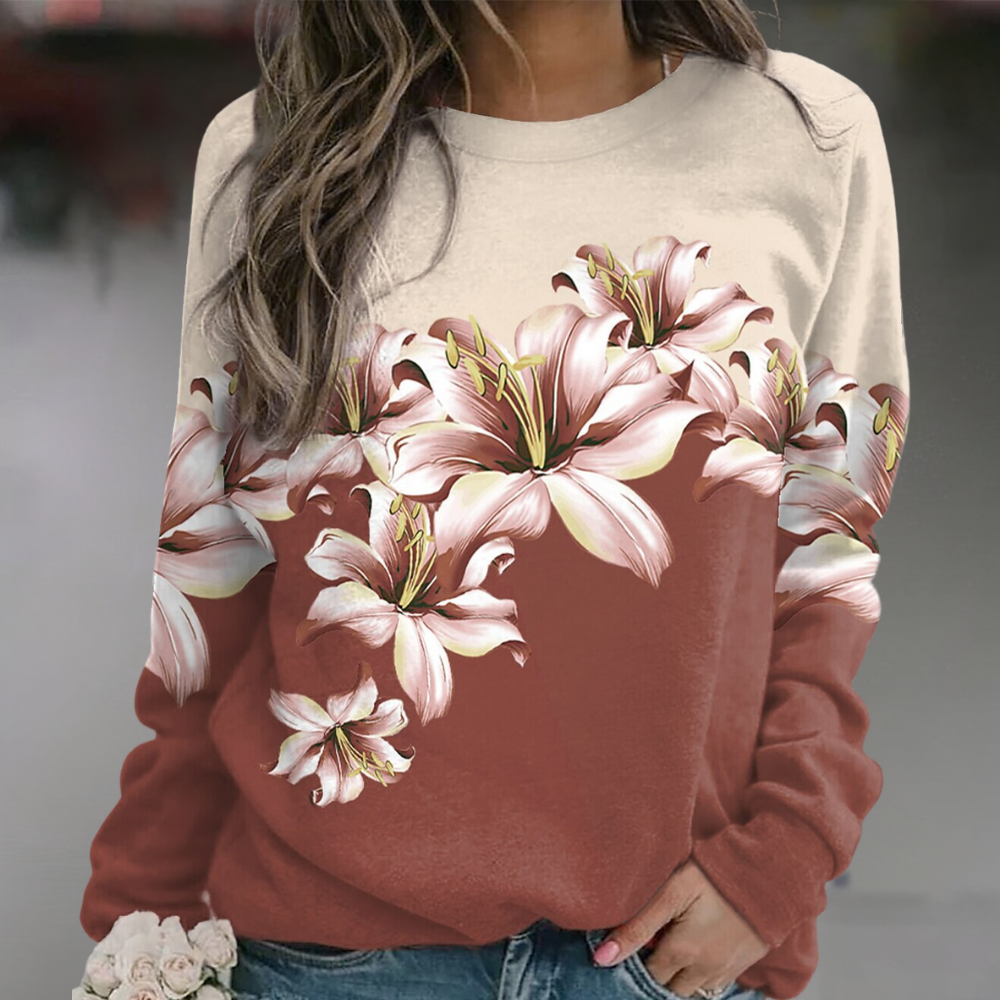 Street-wave Floral Print Sweatshirt With Soft Breathable Fabric Relaxed Fit Long Sleeves For Women