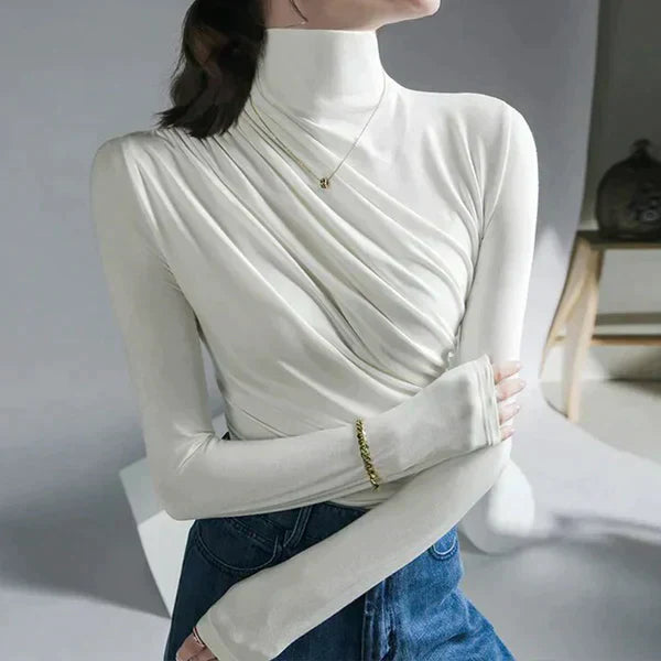 Street Wave Pleated Turtleneck Sweater For Women Soft Knit Warm Delicate Draped Folds Figure Flattering Fit
